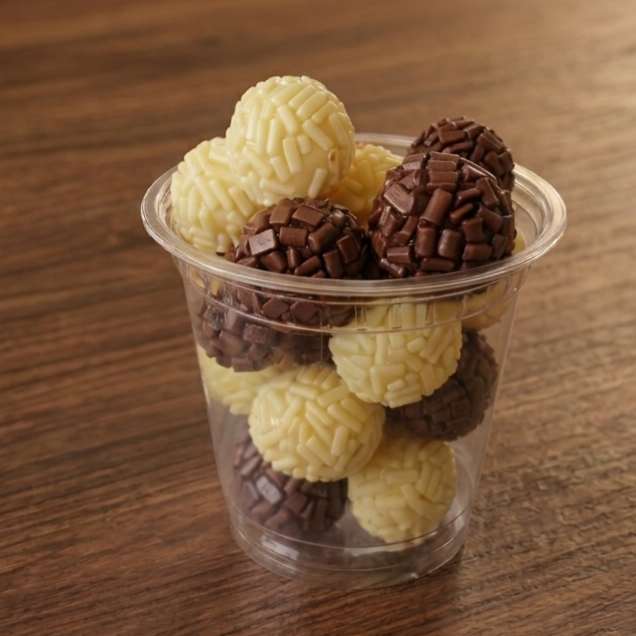 Pote com mini brigadeiros gourmet ao leite e ninho com chocolate branco , com 24 unidades (media de 230 gramas)