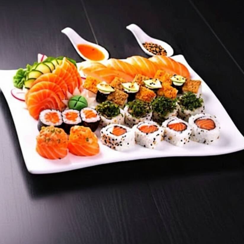 6.Sashimi salmão 4.Niguiri salmão 4.Ura salmão 4.Shakemaki 2.Djou 4.Ura skin 4.Niguiri skin (serve 2 pessoas)