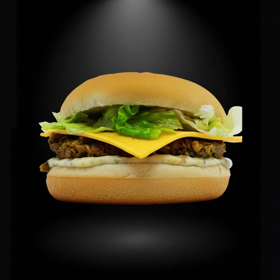 Nossa opção vegetariana com 1 carne 100% de soja maionese verde, queijo derretido, alface servidos em um pão macio e fresquinho.