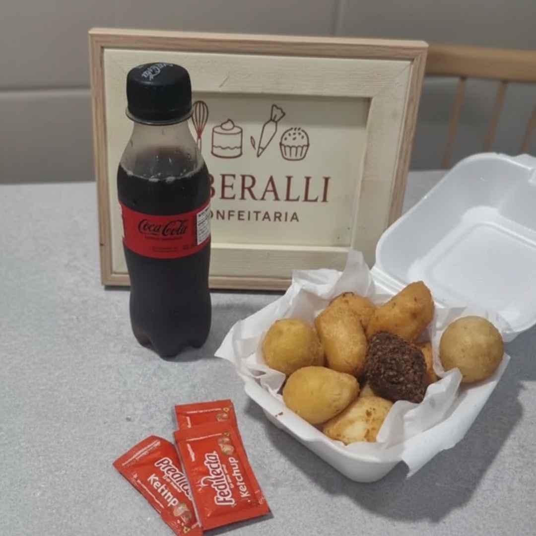 Porção de salgadinhos fritos com 12 unidades mistas e com uma coca 200ml. Sabores dos salgadinhos: queijo com presunto, quibe, bolinha de queijo e coxinha. Atenção: os sabores dos salgadinhos são de escolha do restaurante, a coca poderá ir normal ou zero de acordo com a disponibilidade do nosso estoque. Vasilha tamanho hamburgueira.