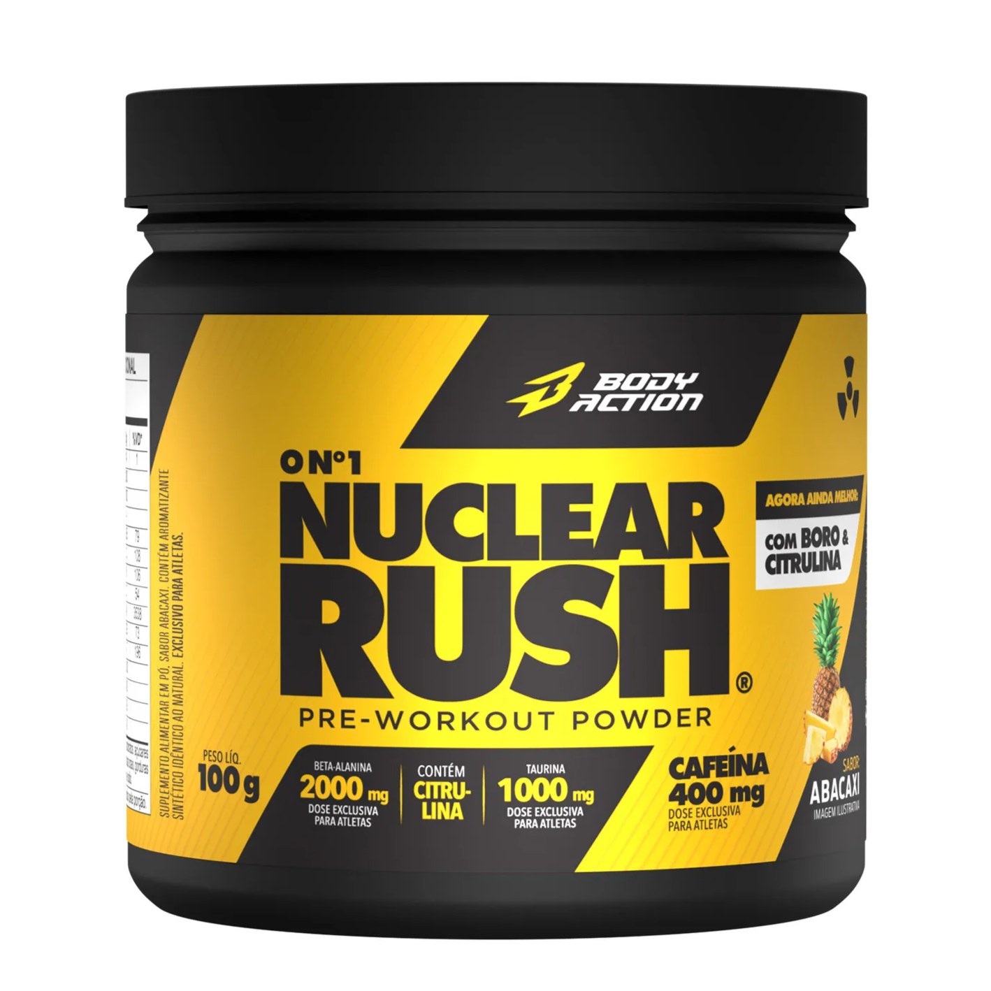 Nuclear rush (100g) ? body action quando você treina e chega ao seu limite, onde os cansaços físicos e mentais já não permitem que seu treino evolua, você precisa de um pré-treino que dê o estímulo que seu corpo necessita, por isso apresentamos o novo nuclear rush, o pré-treino desenvolvido com nada menos que 2000mg de alanina, 400mg de cafeína, 1000mg de taurina, e coenzima q10; uma fórmula única, desenvolvida para elevar seu treino a outro nível; se você quer evoluir, você precisa do nuclear rush, o pré-treino que ignora limites.