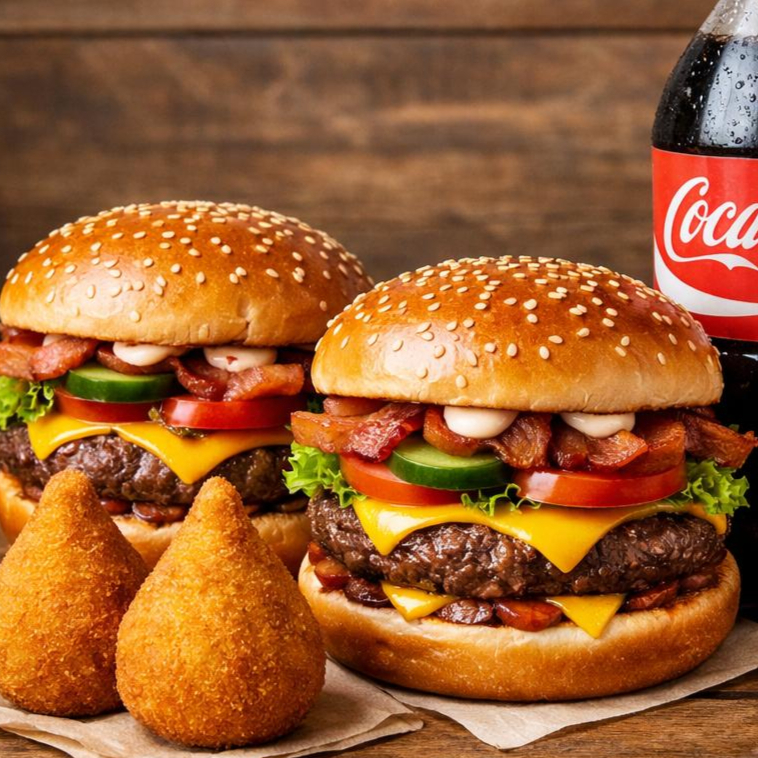 🍔 Combo duplo coxinha 🍔 2 x Burguer na brasa, 2 coxinha de frango crocante de frango, 1 coca cola de 1 litro Carne na brasa suculenta de 120g, no ponto perfeito, coberta com queijo mussarela derretido, rodelas de tomate fresquinho, cebola chapinhada no capricho e um leve toque de barbecue, trazendo aquele gosto irresistível de churrasco. Finalizado com a nossa deliciosa maionese temperada da casa, que deixa cada mordida simplesmente inesquecível. 🔥 Um hambúrguer feito pra quem ama sabor de verdade