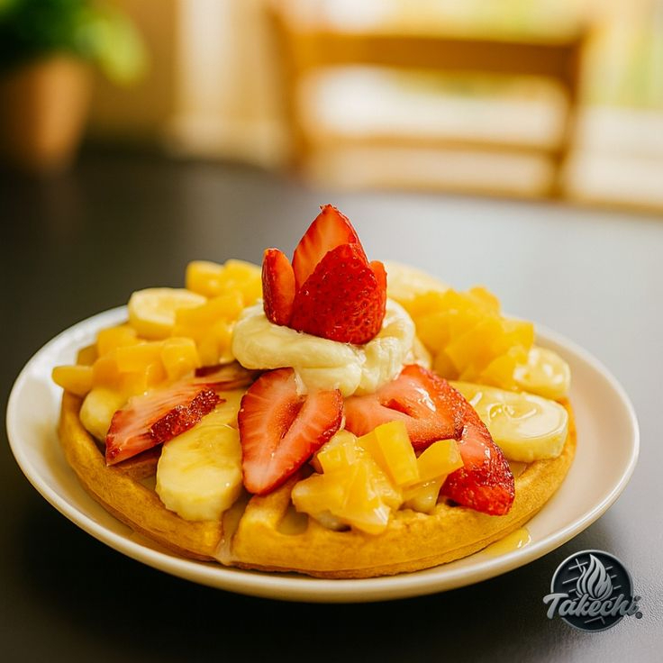 Waffle de Durazno Con Fresas Y Lechera