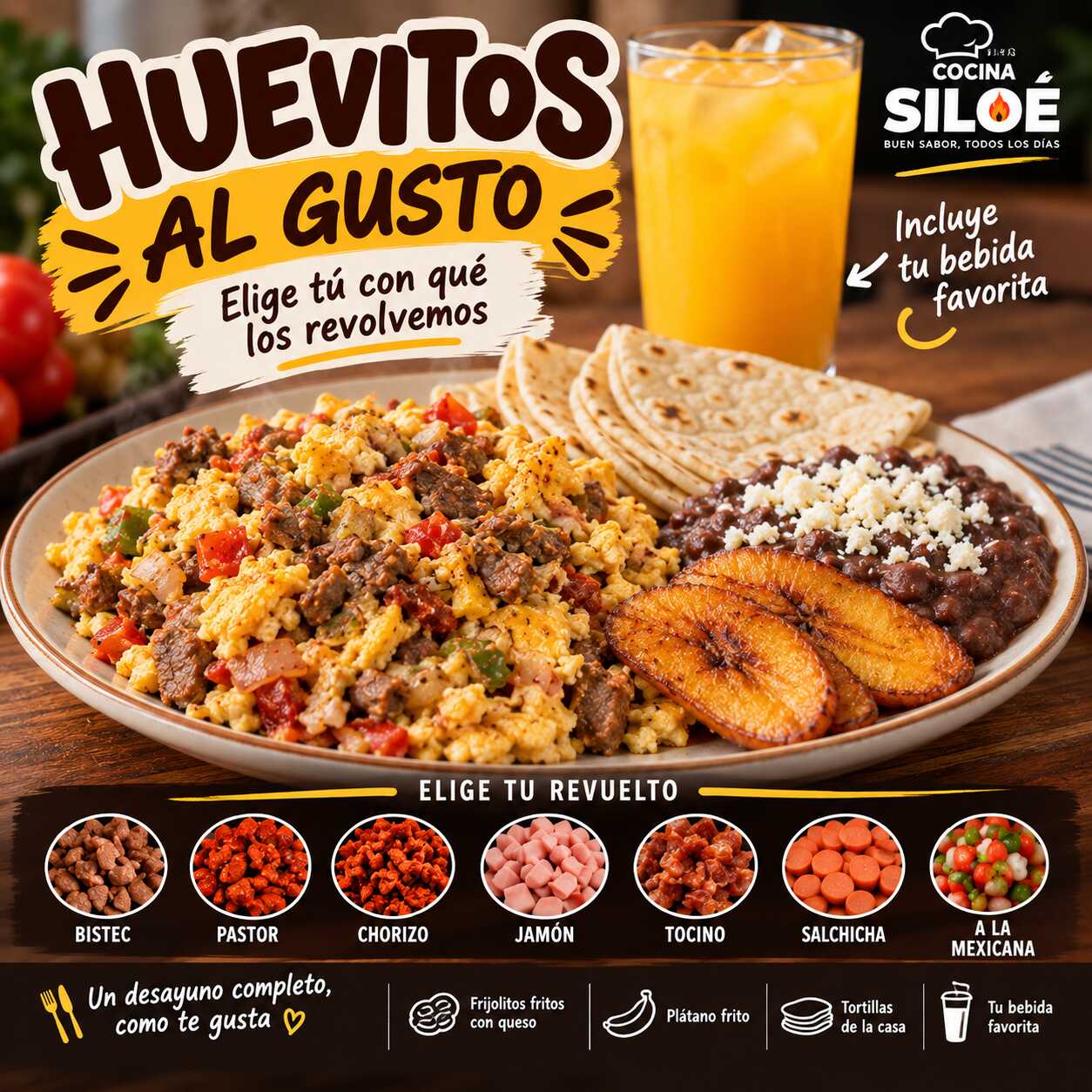 🍳 HUEVITO+TU COMBINACION+FRIJOLES+PLATANOS+BEBIDA