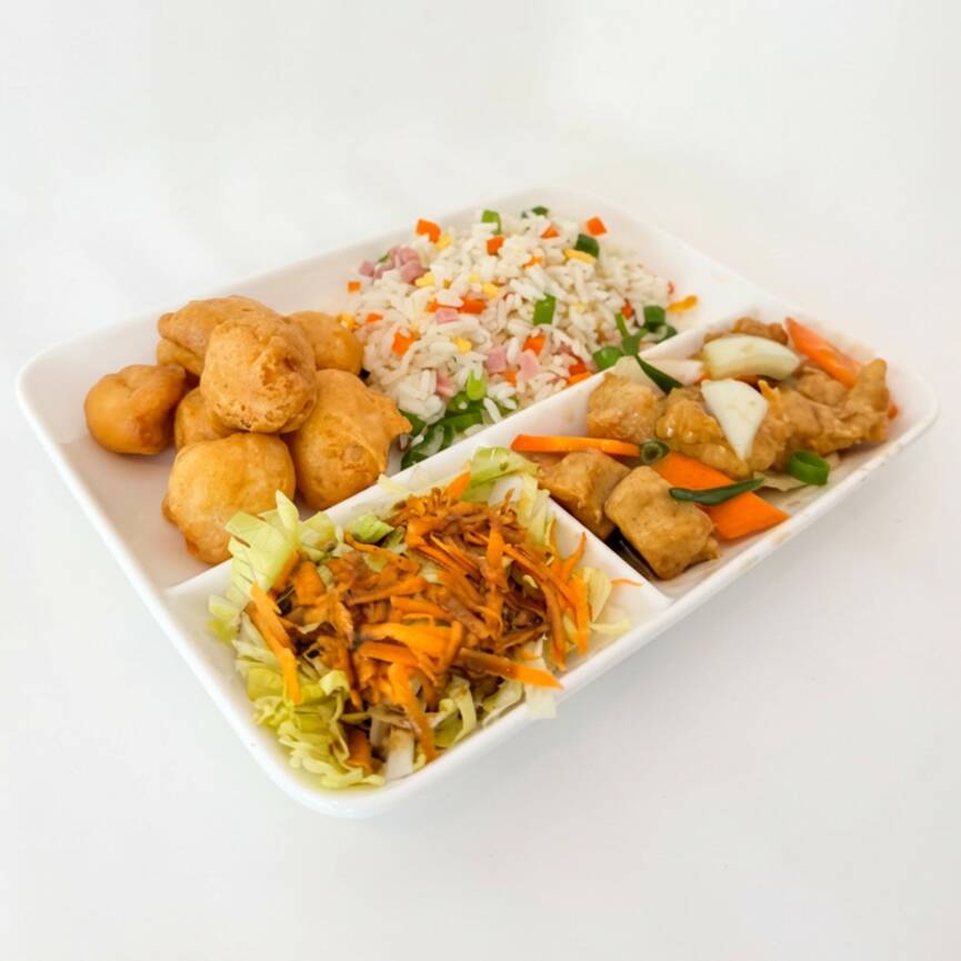 Acompanha: 1 rolinho primavera ou rolinho de queijo ou frango empanado + yakimeshi+ salada