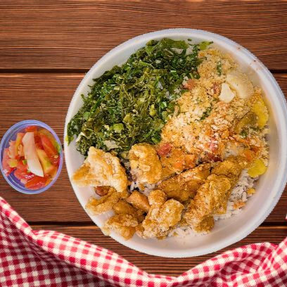 Arroz, feijoada, farofa, couve e vinagrete