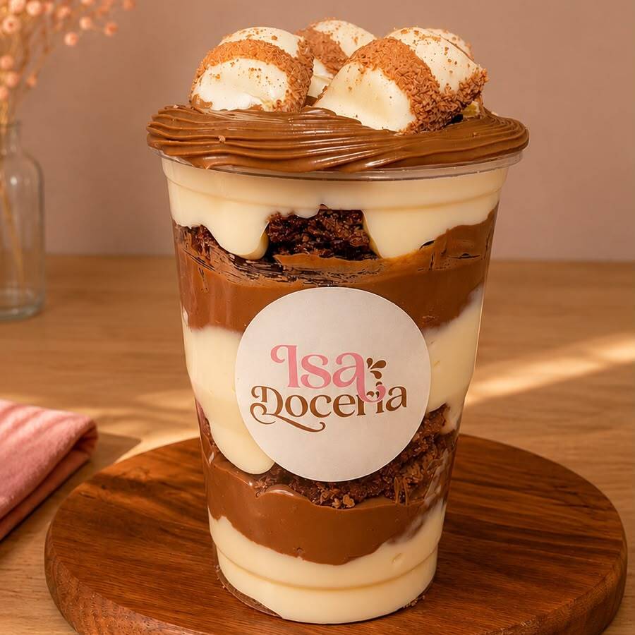 "Experimente o Copo da Felicidade Kinder Bueno, uma delícia em camadas! Com chocolate cremoso, creme de Ninho, pedaços de brownie e Kinder Bueno, finalizado com um toque de Nutella. Uma explosão de sabores que vai deixar você nas nuvens!"