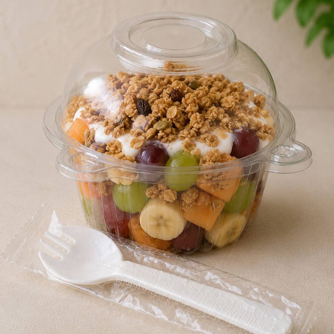 COCTEL DE FRUTAS CON YOGURT GRIEGO Y GRANOLA