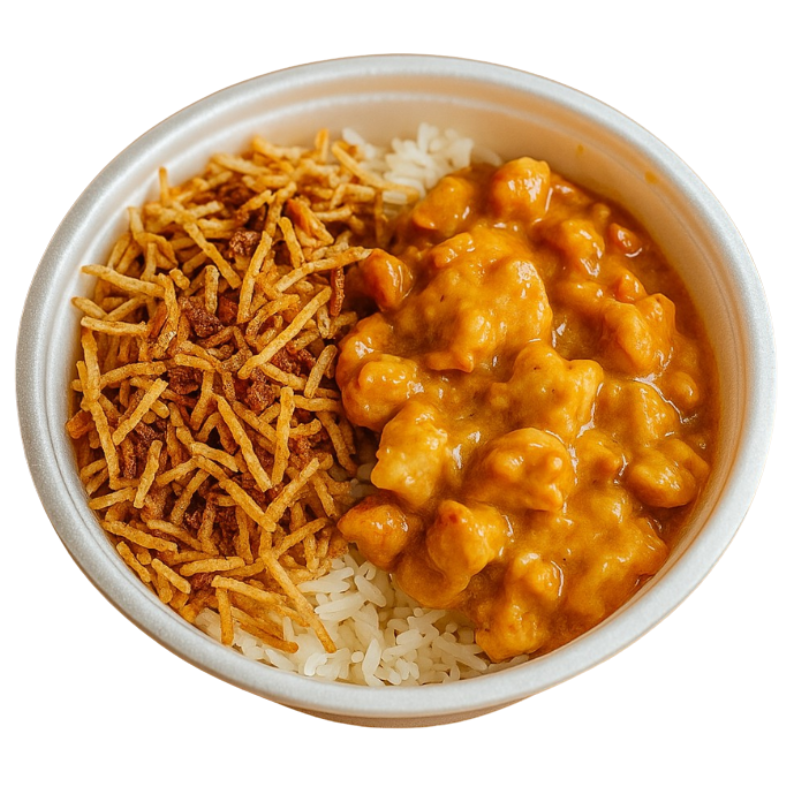 Strogonoff de Frango & Batata Palha Acompanha arroz branco.