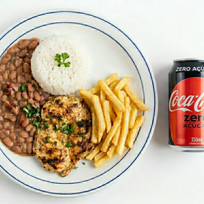 Nosso tradicional prato de arroz com feijão, servido com um frango grelhado no ponto certo da suculência e batatas fritas bem crocantes. Impossível resistir, peça já a sua. Acompanha refrigerante sem açúcar de 350ml. Serve 1 pessoa