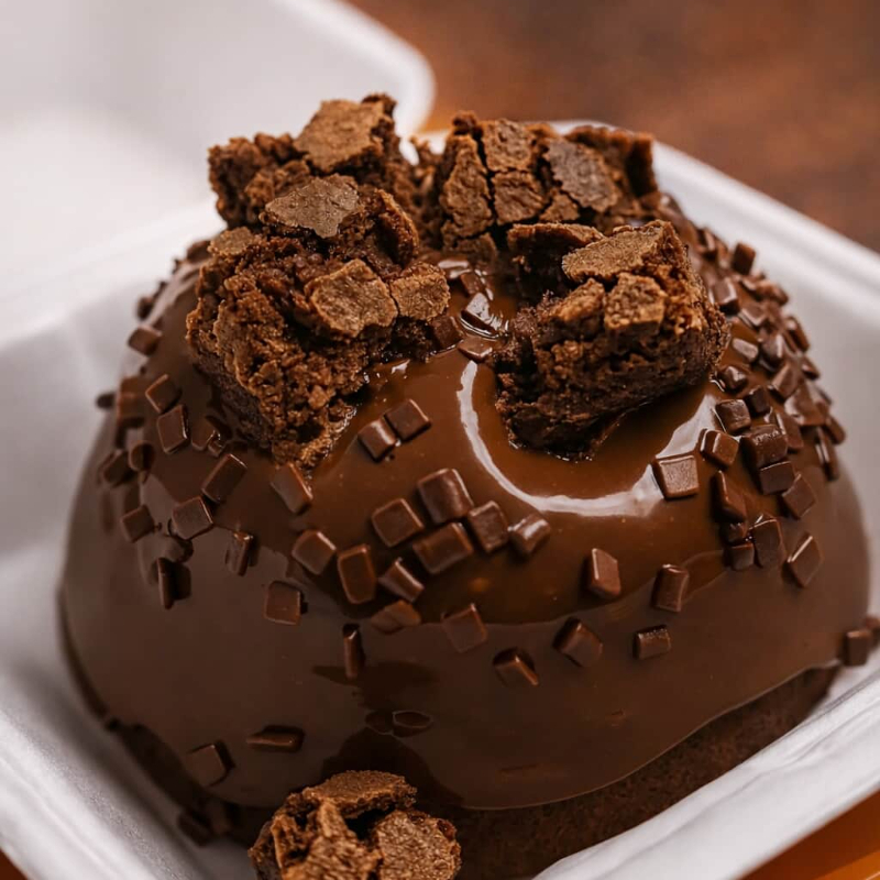 Mini Bolinho Vulcão - Massa de Chocolate, com cobertura de Brigadeiro Blend e finalizado com pedaços de Brownie e granulados.