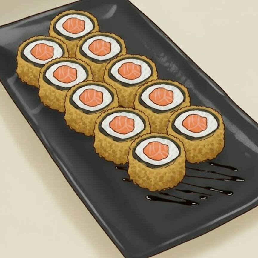 Enrolado empanado e frito, recheado com salmão e cream cheese.