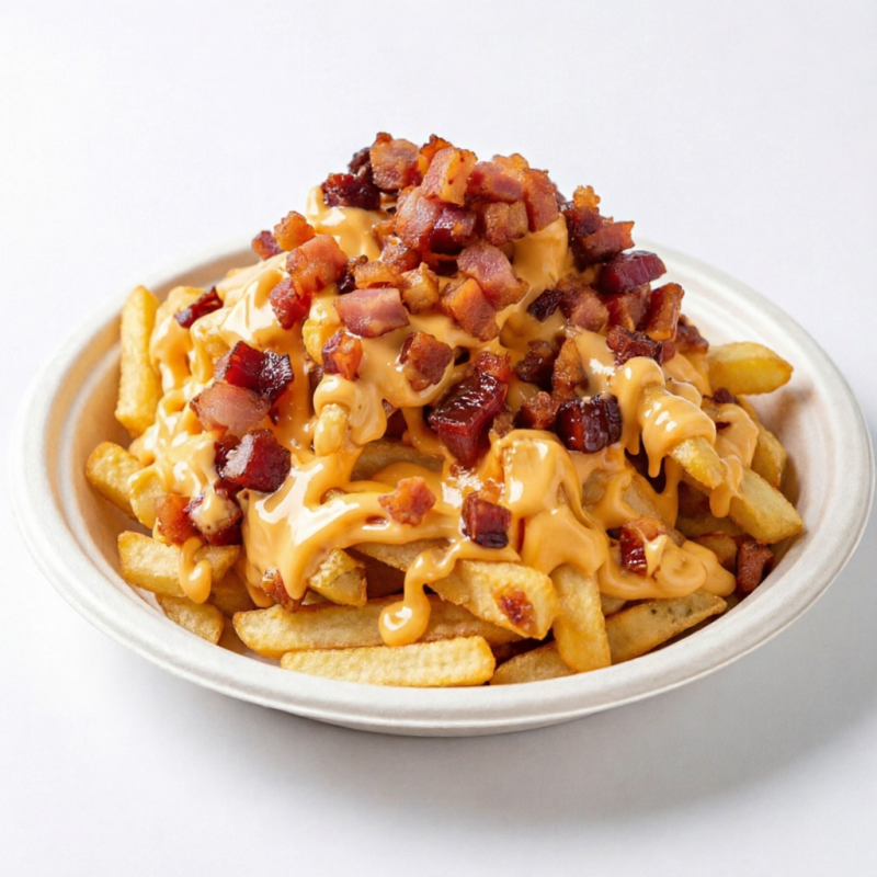 500g fritas, 100g de bacon e 100g de mussarela
