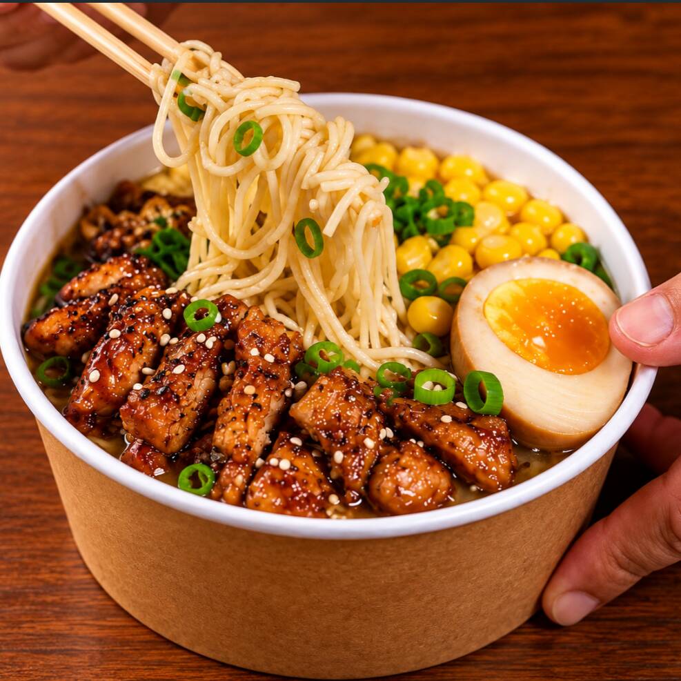 Caldo à base de porco, encorpado e aromático, servido com macarrão, ovo marinado, milho verde, cebolinho e Frango Teriyaki preparado na chapa e envolvido em molho agridoce.
Aproximadamente 650 gramas.