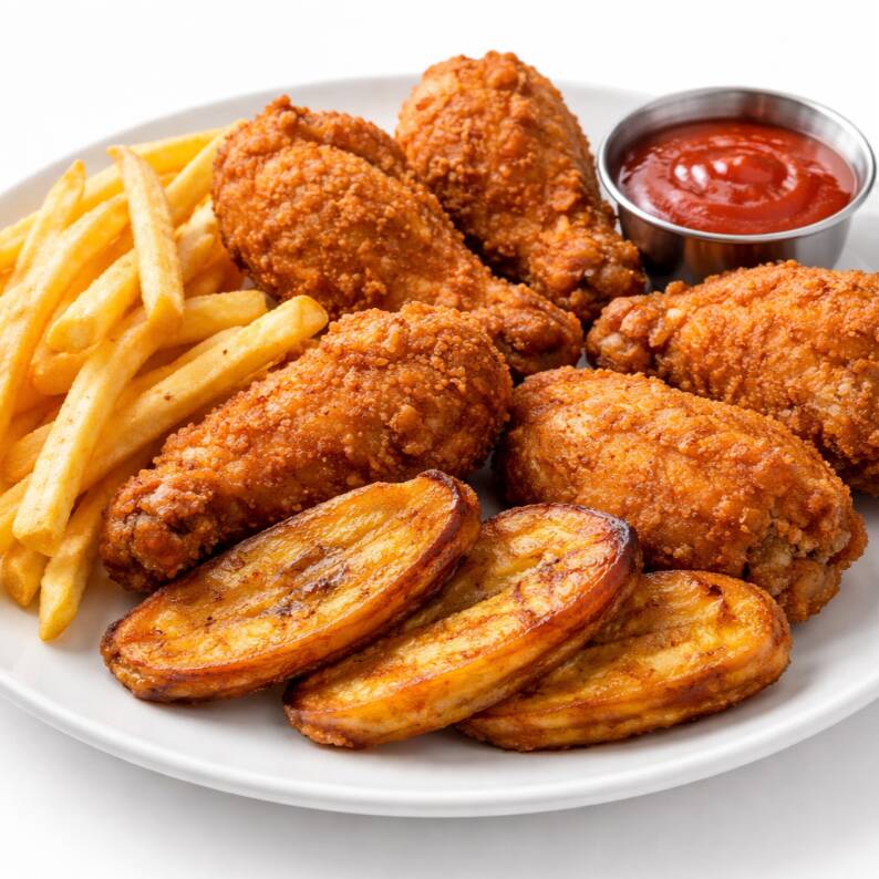 Pollo frito con papas fritas y plátano frita
