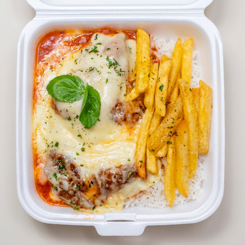 Acompanha: Arroz branco, feijão, macarrão da casa, farofa e fritas. Prato individual bem servido. ⚠ Não fazemos alterações na composição.