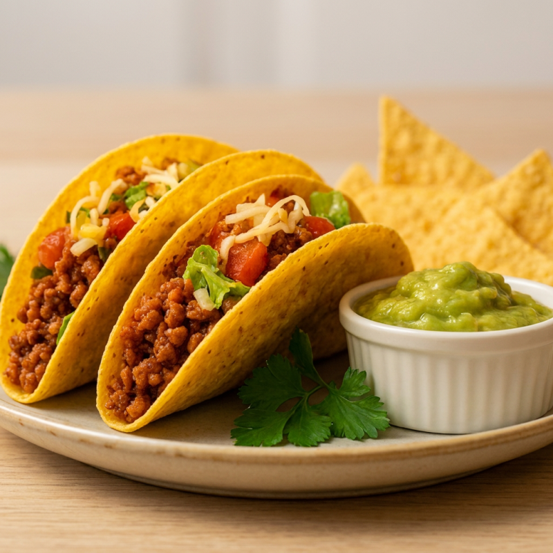Escolha seus 2 tacos favoritos, recheados do jeitinho que você gosta + Nachos Individual + Guacamole 120ml