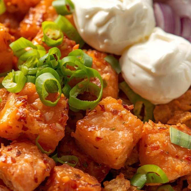 Salmão crispy em cubinhos, Doritos, cebolinha, cream cheese e cebola roxa. Não é possível alterar os ingredientes deste prato.