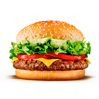 Hambúrguer suculento com cebola chapeada em cubos, queijo, alface e tomate fresquinho, deliciosa maionese verde em um pão de gergelim.