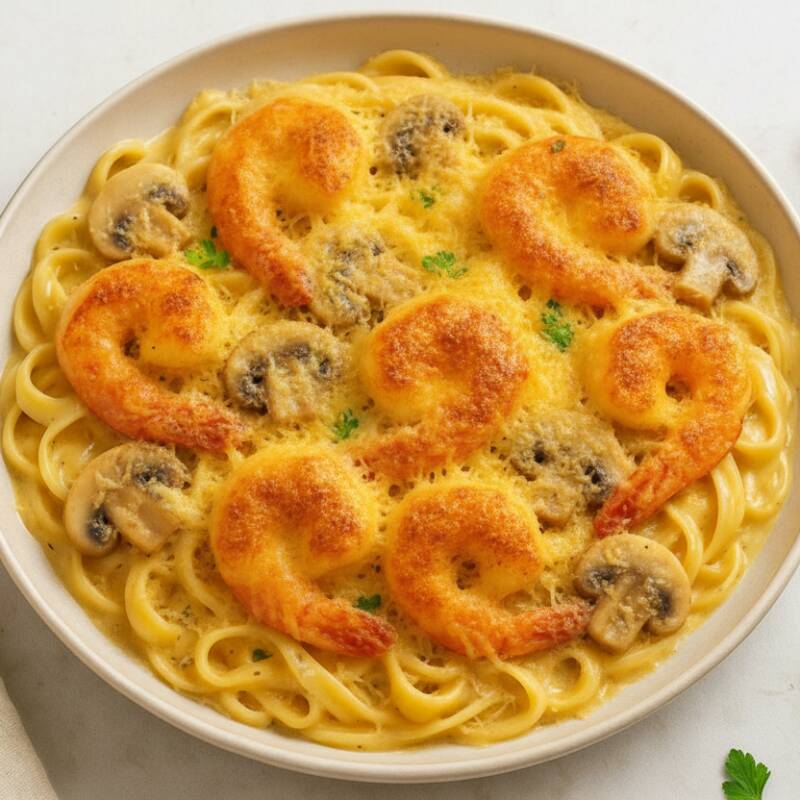 Camarão salteado na manteiga com champignon e mix de queijos parmesão, provolone, gorgonzola, mozarela e especiarias, com macarrão fettuccine e finalizado com cebolinha salpicada. Acompanha Coca-Cola 1l + Sobremesa