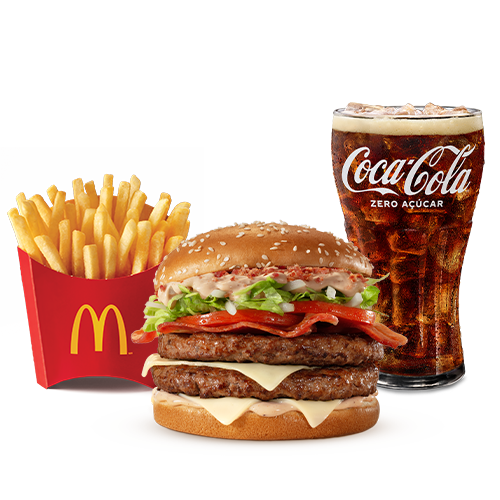 Composto por dois hambúrgueres de carne 100% bovina, o icônico molho tasty, uma combinação especial de bacon crispy e fatias de Bacon, queijo processado sabor emental, tomate, alface, cebola, tudo isso no pão com gergelim, acompanhamento e bebida.