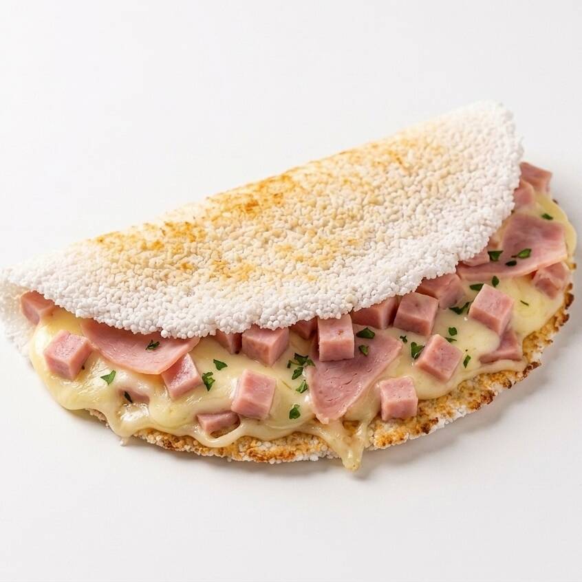 Tapioca recheada com queijo muçarela e presunto. Clássica e saborosa!