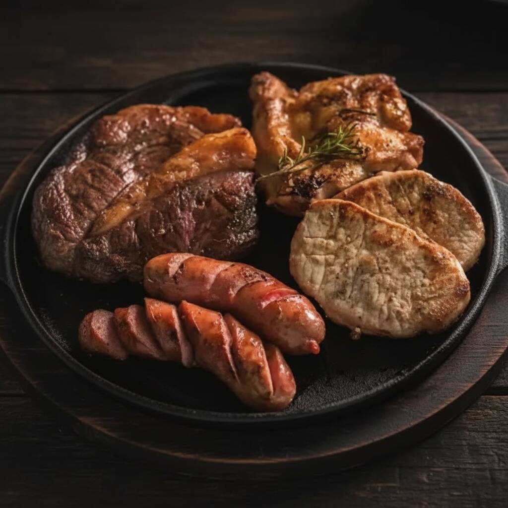 Fatia de carne, frango, toscana, arroz temperado, feijão tropeiro, farofa e vinagrete.