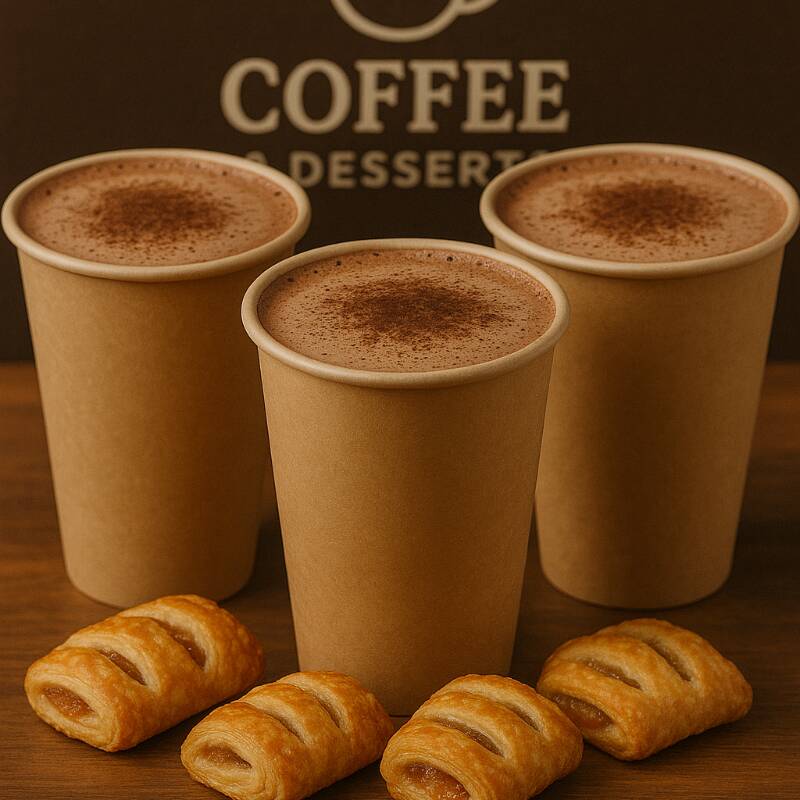 3 Chocolates Calientes 16 Onzas y 3 Mini Strudles