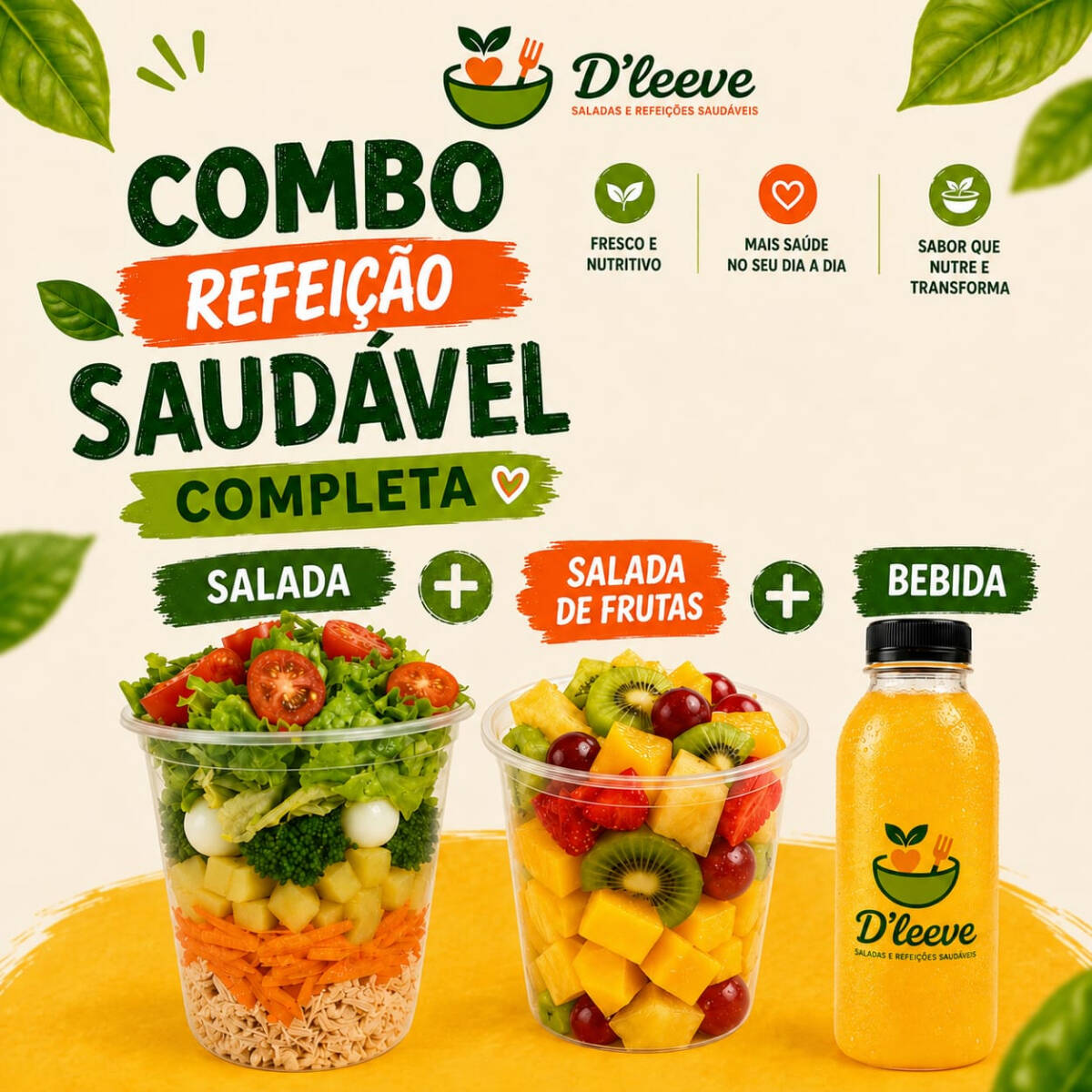 Uma combinação perfeita para deixar o seu almoço ainda mais completo, escolha uma salada, uma bebida e uma deliciosa salada de frutas no para adoçar o seu almoço. Você pode escolher entre as nossas 7 opções de saladas, dependendo apenas da disponibilidade do cardápio no Dia. Opçoes de salada: Salada Maromba Salada Frango light Salada de Salpicão Salada Caesar Salada do Chef Salada de Atum Salada D