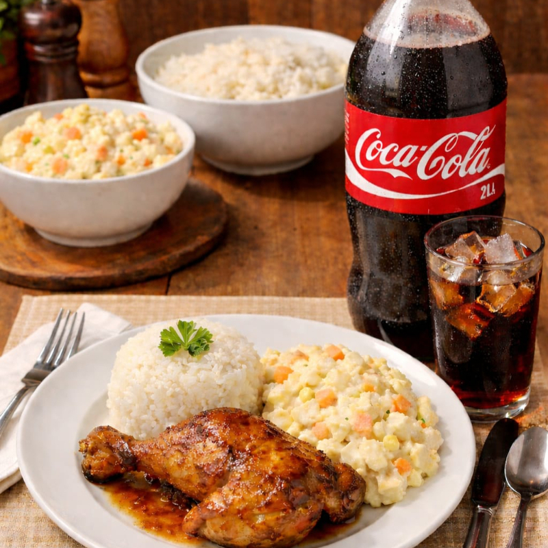 Frango assado no padrão FRANGÃO + Maionese de batata com raspas de cenoura e HELLMMANN`S 400g+ arroz de 600g + Coca Coca 2 litros