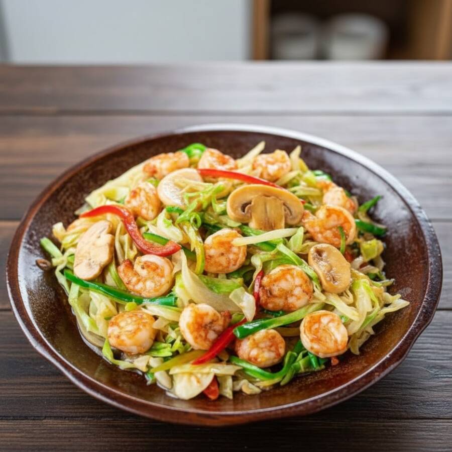 Camarões pequenos com repolho, pimentões e cogumelos, finalizado com tomates cereja. Preparado no wok chinês de forma artesanal com ingredientes frescos.