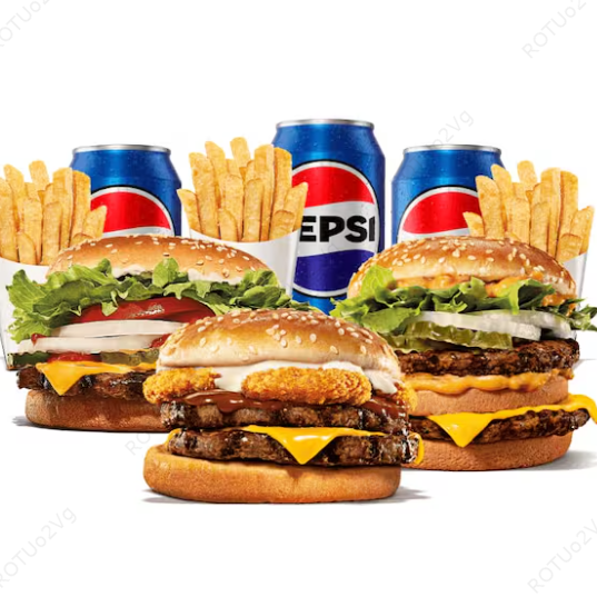 3 sanduíches (Escolha um Sanduíche entre: Whopper, Chicken Duplo, Rodeio Duplo, Big King, Whopper de plantas, Stacker Duplo e Cheeseburger Duplo.) + 3 Batatas Fritas + 3 Bebidas.