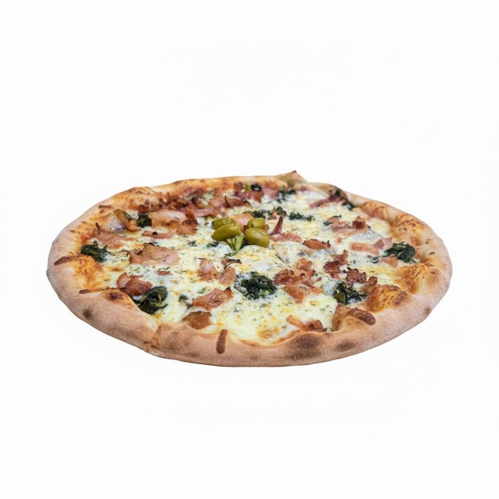 Massa leve, molho, borda de catupiry, calabresa, mussarela e bacon