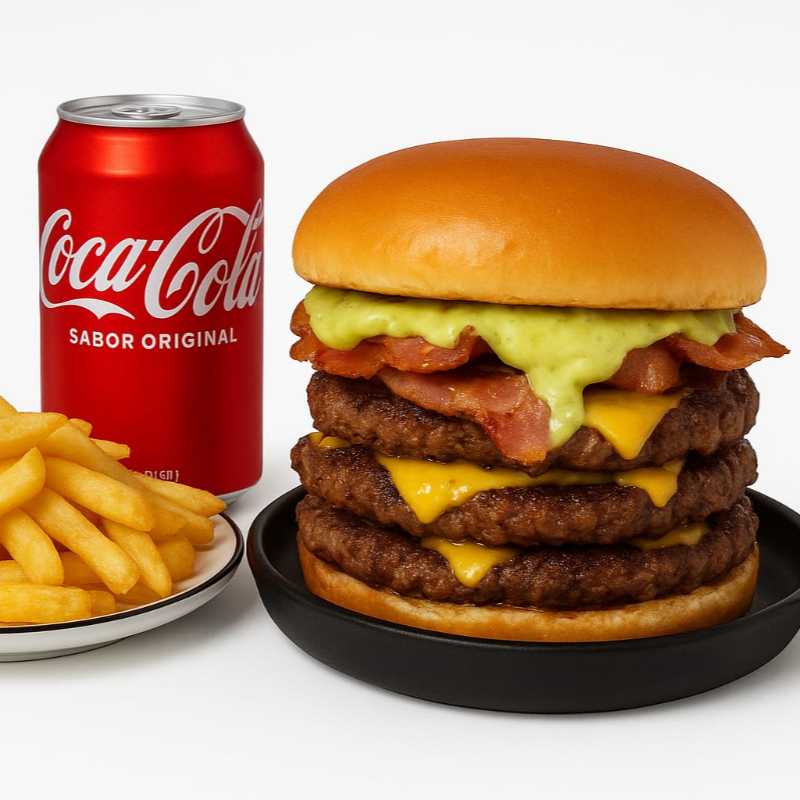 Um exagero de lanche para quem tem muuuita fome!pão brioche, 3 hamburgueres, queijo cheddar, maionese da casa e bacon. Uma delicia!+ 1 Batata com Bacon +1 Coca-Cola Original 350 ml