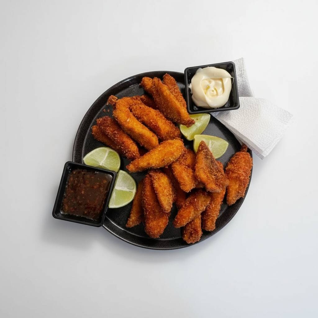 (300g) tiras de tilápia empanada na farinha panko, Acompanha limão, maionese e pimenta sweet.