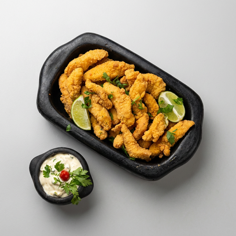 Filés de peixe empanados e sequinhos, servidos com tártaro da casa. Sabor suave e textura perfeita.