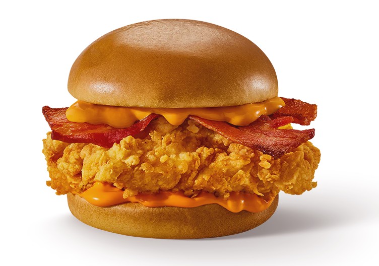 Filé de peito de frango 100g, molho cheddar cremoso e bacon fatiado no pão brioche.