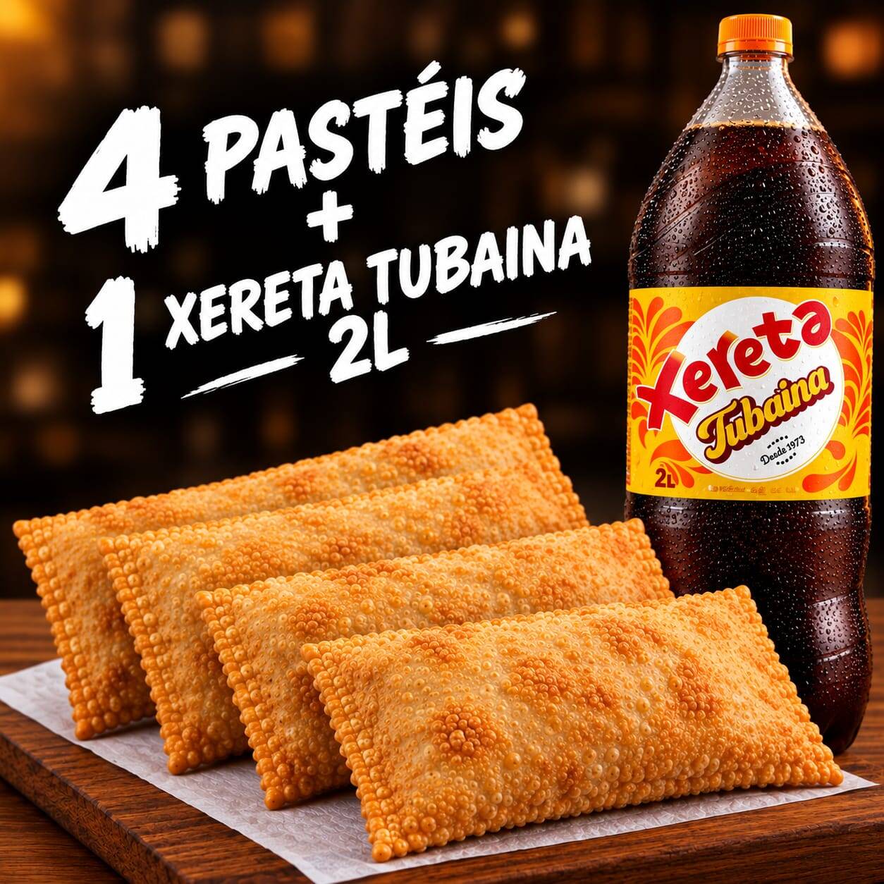 4 Pastéis à sua escolha + 1 Tubaína Xerete 2l. Muito recheio e sabor para todo mundo! Escolha os sabores dos seus pastéis fritos na hora e aproveite com aquela Tubaína bem geladinha
