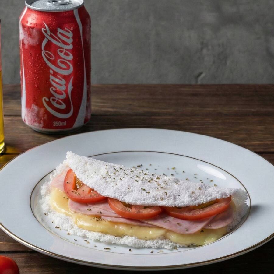 Presunto fatiado com queijo derretido, em tapioca simples, clássica e irresistível.