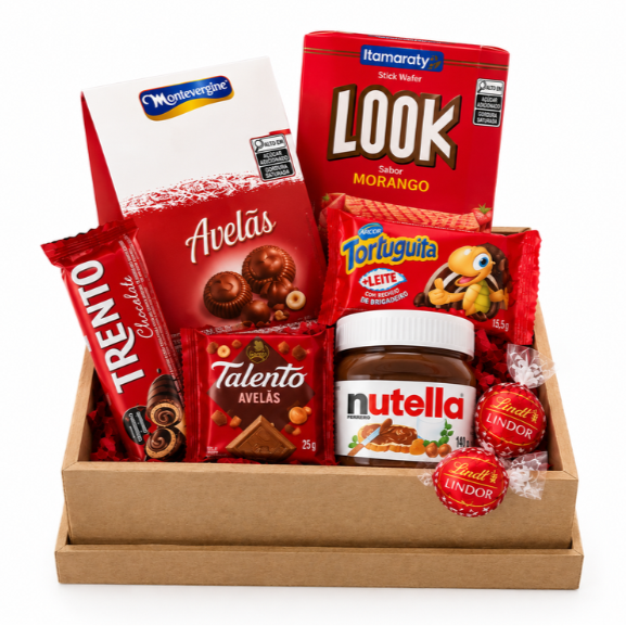 Composição:
Caixa de madeira em Mdf com tampa, laço decorativo e sacola para presente. Contém um Trento Chocolate 29g, um Montevérgine Avelã 55g, um Look Morango 55g, uma Tortuguita +Leite com recheio de brigadeiro 15,5g, um Talento Avelãs 25g, um pote de Nutella 140g e dois bombons Lindt Lindor.
Acompanha embalagem para presente, com acabamento delicado e sofisticado. Pode ser enviada diretamente ao destinatário, pois não acompanha nota fiscal com o valor dos produtos na entrega. Ideal para aniversários, agradecimentos, comemorações, demonstrações de carinho e momentos especiais.