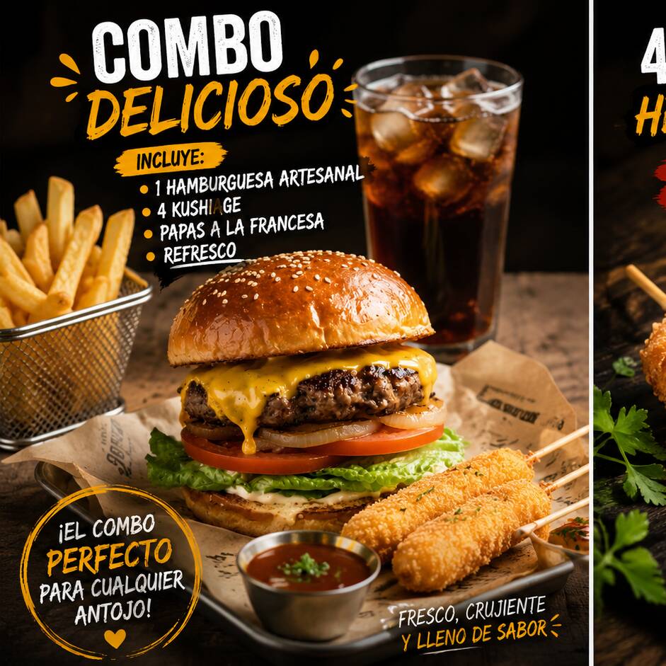 Kushiage+papas+hamburgesa