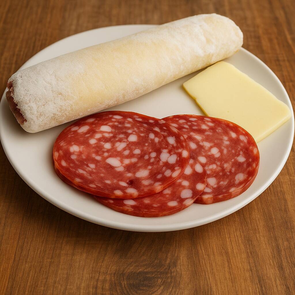 Tapioca com manteiga, queijo mussarela e salame tipo Italiano