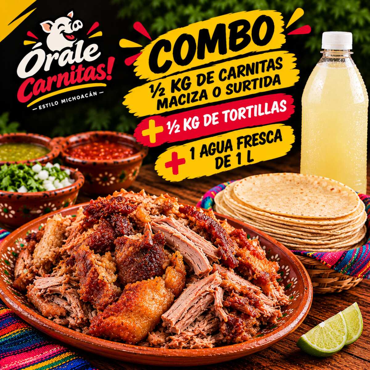 Combo Cuates - ½Kg Carnitas + ½Tortillas + 1L Agua