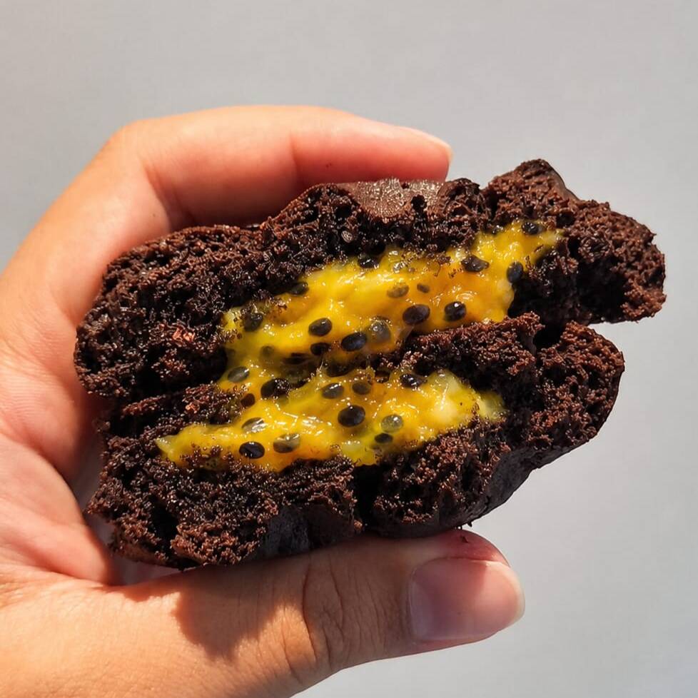 Cookie de massa black 50% recheado com um delicioso brigadeiro de maracujá caseiro e finalizado com gostas de chocolate ao leite