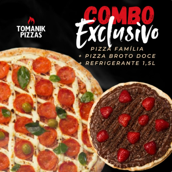 Um combo completo para compartilhar: uma pizza tamanho família, uma pizza doce crocante no tamanho broto e um refrigerante de 1,5L para acompanhar.