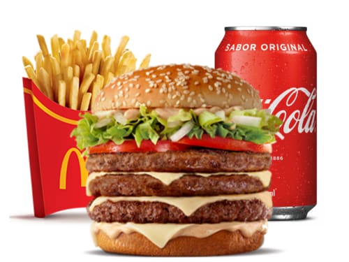 Composto por três hambúrgueres de carne 100% bovina, o icônico molho tasty, queijo processado sabor emental, tomate, alface, cebola, tudo isso no pão com gergelim, acompanhamento e bebida