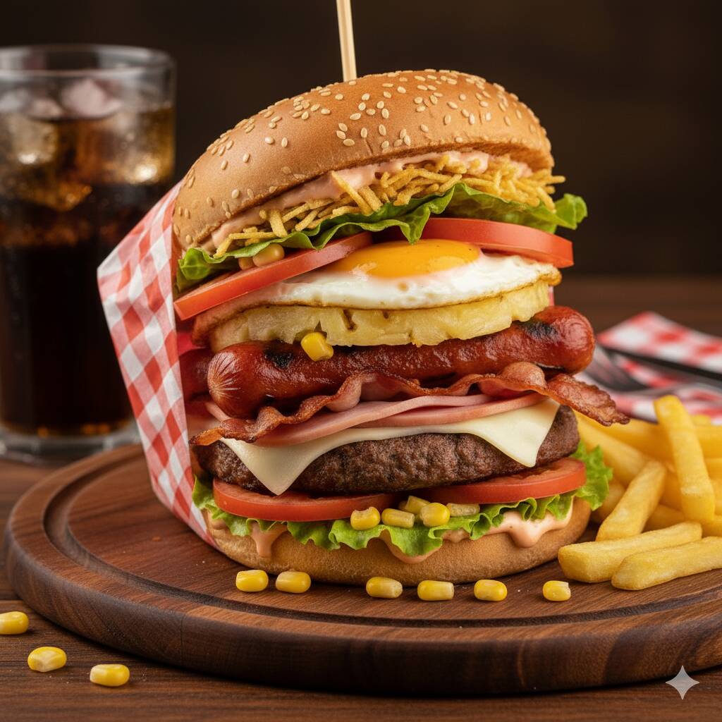 Pão, 2 Hamburguer, 2 Bacon, 2 Ovos, 2 Salsichas, 2 Presuntos, 2 Mussarelas, Abacaxi, Milho, Tomate, Alface, Batata Palha