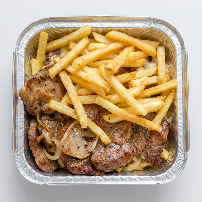Acompanha: Batata Frita com muçarela (400 gr) e Ísca de Pernil acebolado