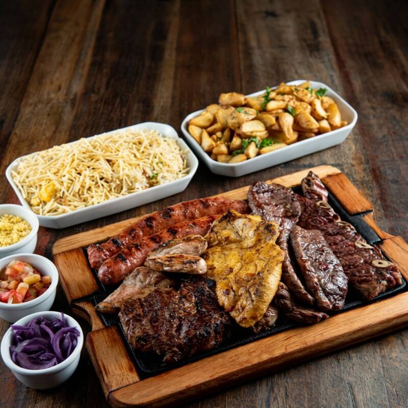 Picanha, Bife de Chorizo, Filé Mignon Assado de tira, Frango Coxa, Lombo Suíno, Linguiça Suina. Escolha seus acompanhamentos