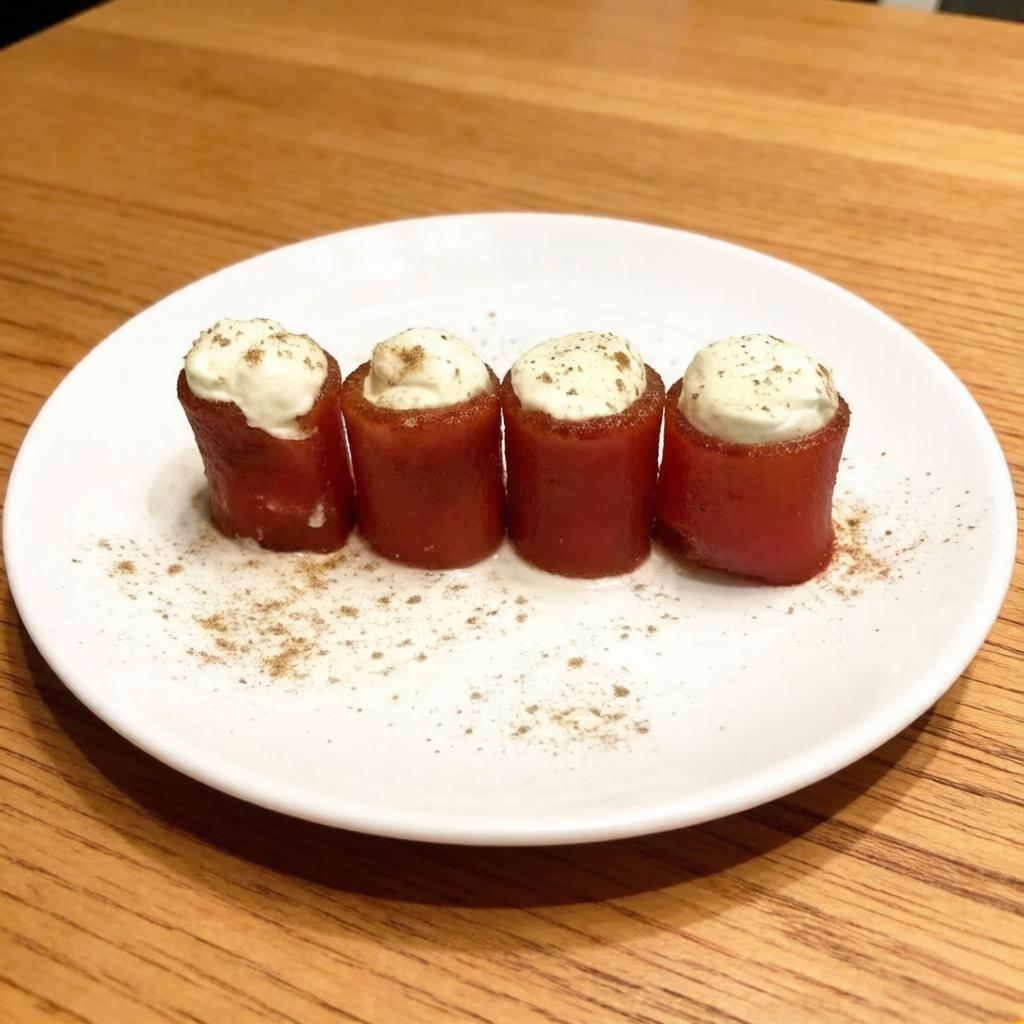Finas fatias de doce de goiabada enroladas com cream cheese. Finalizado com canela.
